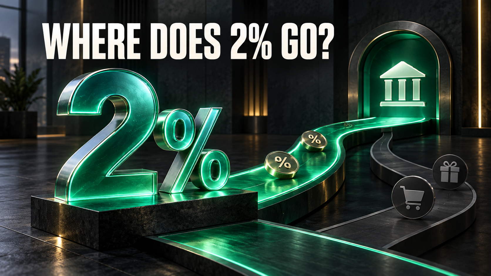 A green 2% symbol follows a glowing path toward an account icon beneath “Where does 2% go?”
