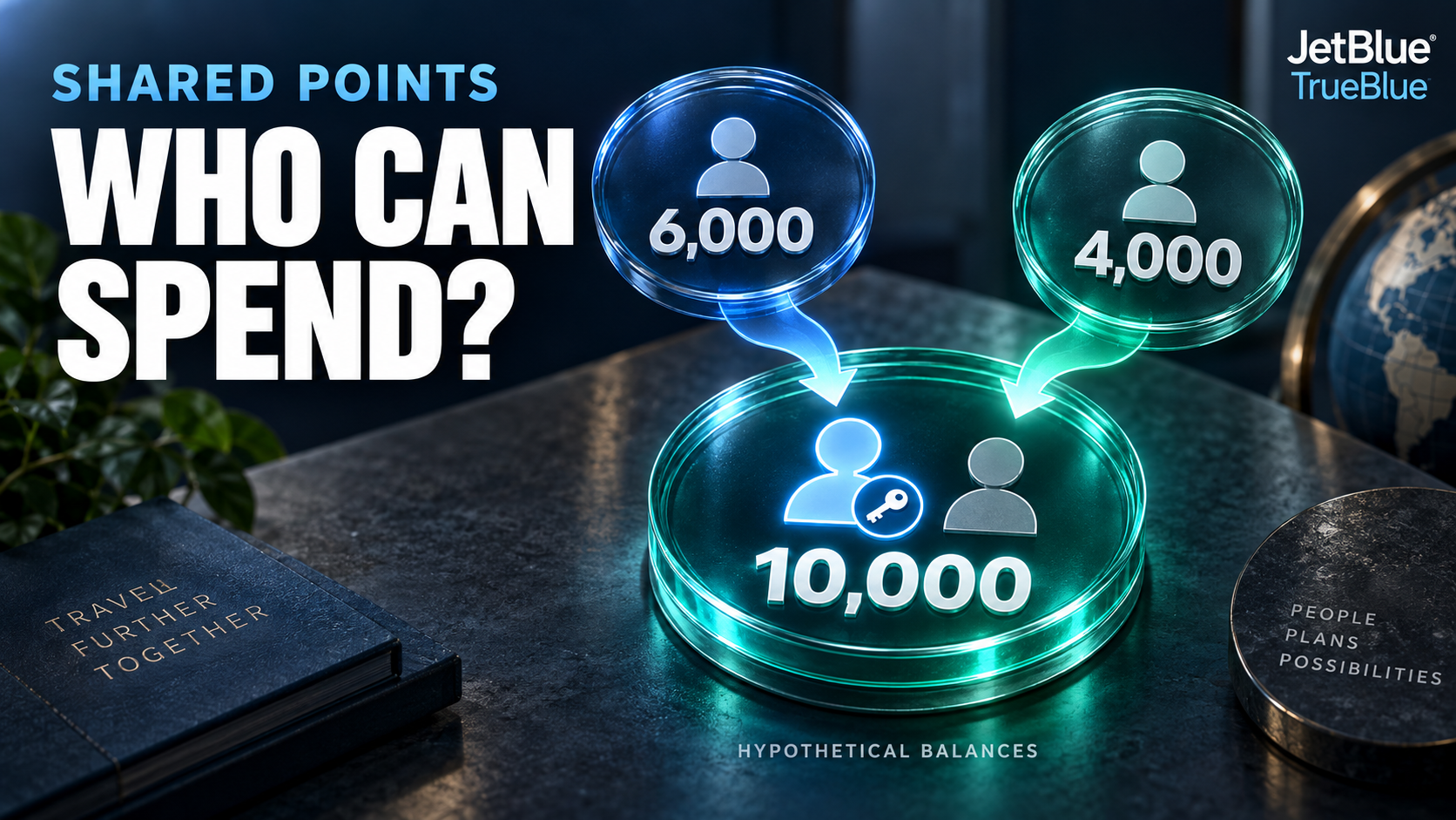 Hypothetical JetBlue balances of 6,000 and 4,000 points combine into 10,000, with a key marking redemption access.