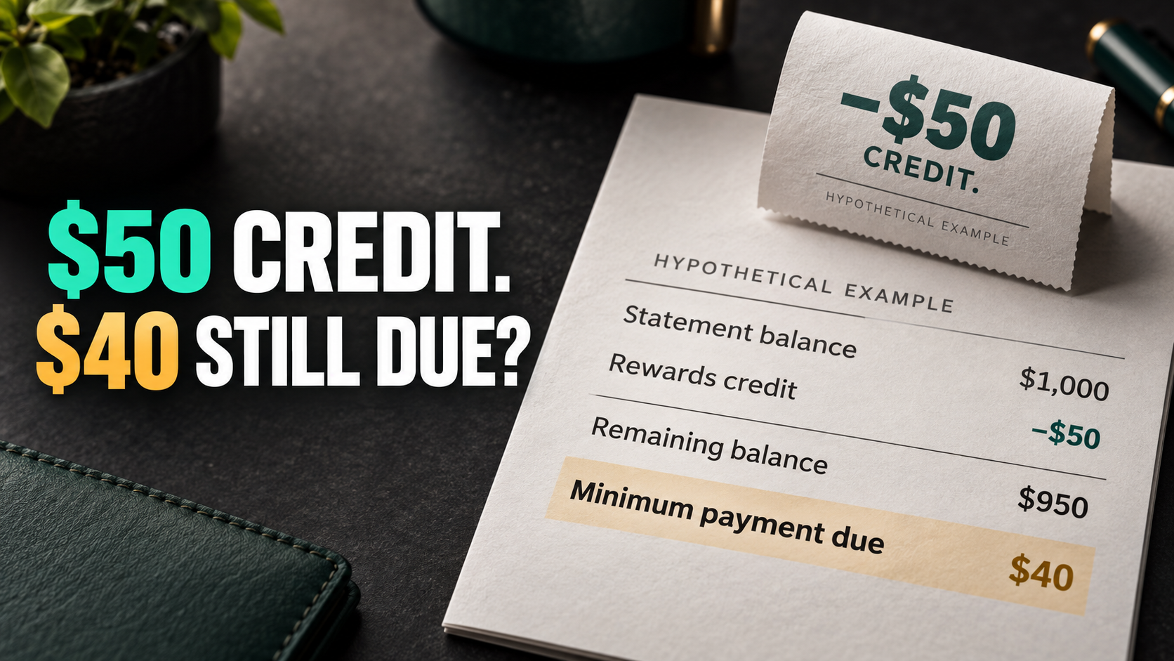 Hypothetical example: a $50 rewards credit leaves $950 of a $1,000 statement balance unpaid, with a $40 minimum payment still due.