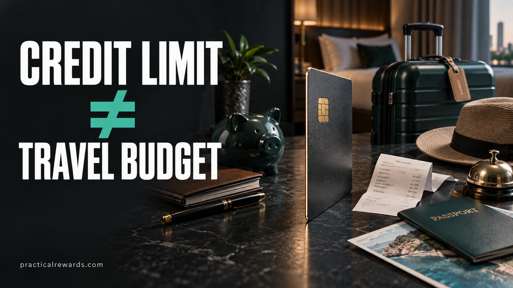 Credit limit does not equal travel budget, with luggage, a generic credit card and travel receipts.