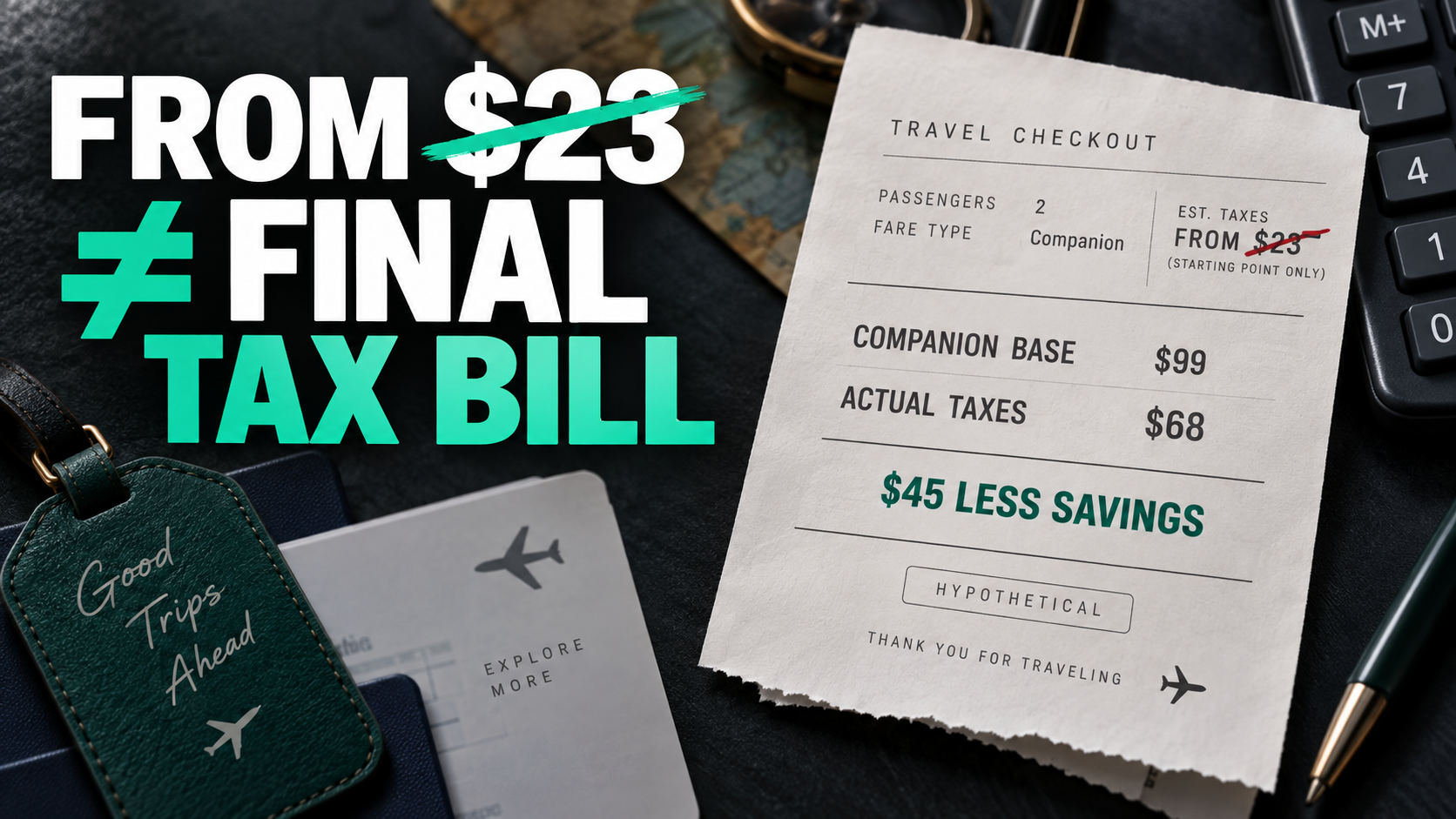 Hypothetical Companion Fare receipt showing a $99 base and $68 companion taxes, reducing savings by $45 compared with assuming $23 in taxes.