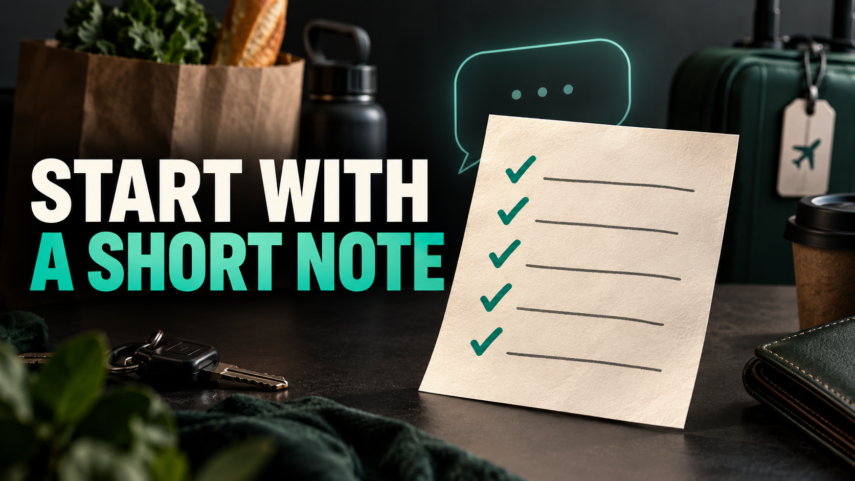 Start with a short note: five checked lines beside groceries, keys, luggage, and a wallet.