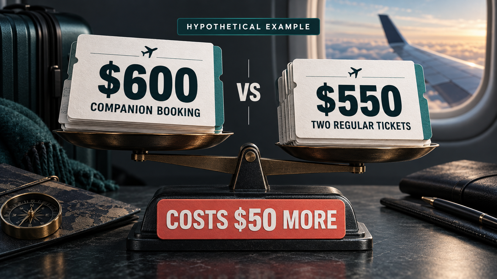 Hypothetical comparison: a $600 companion booking costs $50 more than two regular tickets totaling $550.